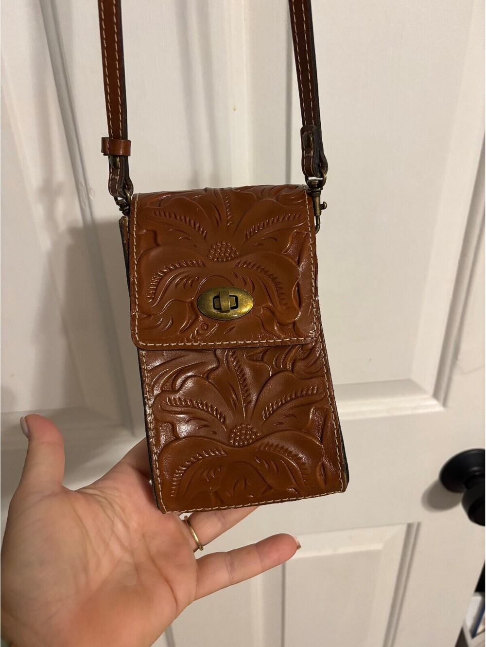 Patricia Nash Brown Tooled Leather Crossbody Phone Bag Floral Western Purse
